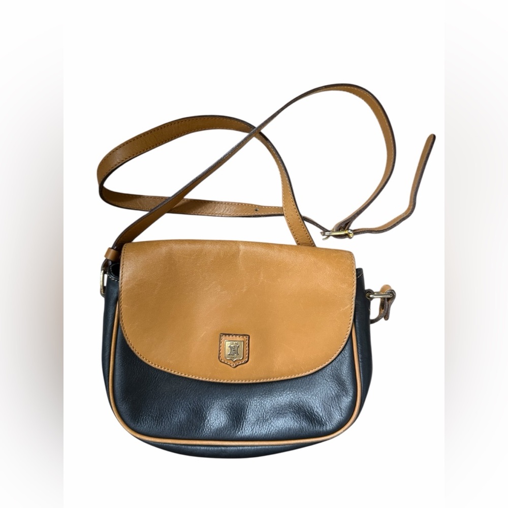 Céline Italy Leather Crest Crossbody Bag Two-Tone Saddle Y2K Chic RARE W COA